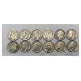 12- 1957 Roosevelt Dimes, 90% Silver