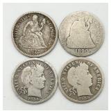 1872, 1890, 1906-S, 1908-D Silver Dimes