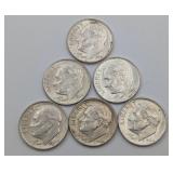 Six 1964 Roosevelt Dimes, 90% Silver