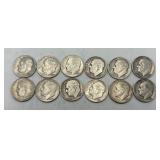 12- 1954 Roosevelt Dimes, 90% Silver