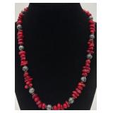 Neat Coral & Black And White Beaded Necklace