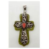 Large Sterling Silver, Jade & Coral Cross Pendant