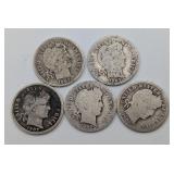 Five 90% Silver 1906-07 Barber Dimes