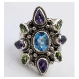 Sterling, Aquamarine, Amethyst, & Citrine Ring