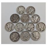 12- 90% Silver Mercury Dimes