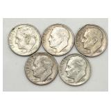 5 - 90% Silver Roosevelt Dimes