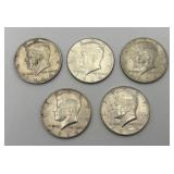 5 1964 D Kennedy Half Dollars, 90% Silver