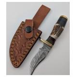 6" Damascus Knife w/Leather Sheath