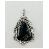 14K White Gold, Black Opal & Diamond Pendant