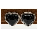 Sterling Silver Onyx Heart Screw Back Earrings