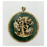 Beautiful Asian Jade Pendant w/ Opals, 925 Clasp