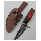 6" Damascus Knife w/Leather Sheath