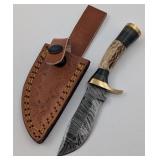 6" Damascus Knife w/Leather Sheath