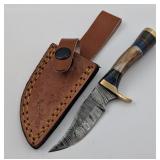 6" Damascus Knife w/Leather Sheath