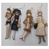 4 Vtg. Elegant Lady Christmas Ornaments