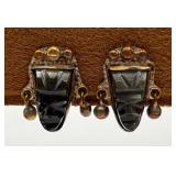 Vtg. Sterling Tiger Eye Aztec Masks Screw Earrings