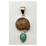 Signed ï¿½JNï¿½ Sterling, Ammonite & Turquoise Pendant