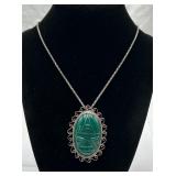 Sterling Silver Pendant/Pin w/ Carved Green Stone