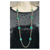 Long Golden Necklace w/ Emerald Green Rhinestones