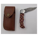 7" Damascus Folding Knife w/Leather Sheath