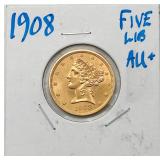 1908 GOLD Liberty $5 Coin, AU+