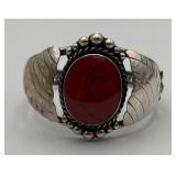 Mexico Sterling  & Deep Red Stone Cuff Bracelet