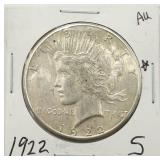 1922-S AU Peace Silver Dollar