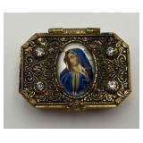 Antique Gold Toned Virgin Mary Rosary Box