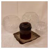 Lot of 3 Crystal Rose Bowls & Plate Candleholder