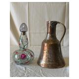 Vintage Copper Pitcher & Empty Hand-Painted Bottle