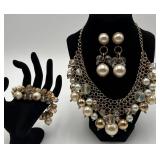 Vtg. Faux Pearl Necklace, Bracelet, & Earring Set