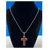 Silver Tone Cross Pendant w/ Inlaid Wood