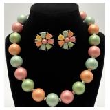 Vtg. Pastel Bead Necklace w/ Matching Earrings