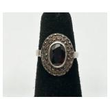 Sterling Silver, Garnet & Marcasite Ring
