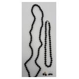 2 Black Beaded Necklaces w/ 2 Pairs of Earrings