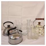 4 Vases/2 Stainless Tea Kettles/Ceramic Teapot