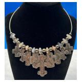 Choker Necklace w/ Silver Tone Crosses & Stones