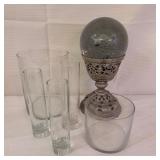 Glass Orb & Metal Base w/5 Glass Flower Vases