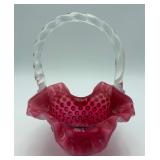 Vtg. Fenton Cranberry Hobnail Glass Basket