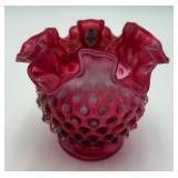 Vtg. Fenton Cranberry Opalescent Hobnail Vase