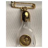 Gold Tone Brooch Bottle w/Replica 1959 Cinco Pesos