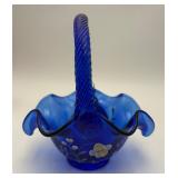Vtg Fenton Hand-painted Cobalt Blue Art Glass Vase