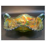 Fenton VTG Green Carnival Glass Two-Handled Bonbon