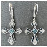 Sterling Silver Cross Earrings w/ Blue Diamonds
