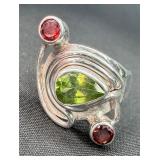 Sterling Silver Ring w/ Peridot & Garnet Gems