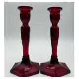 Vtg. Pair of Ruby Red Hexagonal Candle Holders