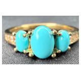 Gold Tone Sterling Silver Turquoise & Diamond Ring