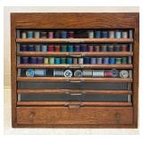 Antique Oak Spool Cabinet w/ Spools of Threads