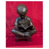 Reading Boy Bronze Sculpture on Wooden Base