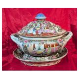Vtg. HP Chinese Rose Medallion Tureen w/Underplate